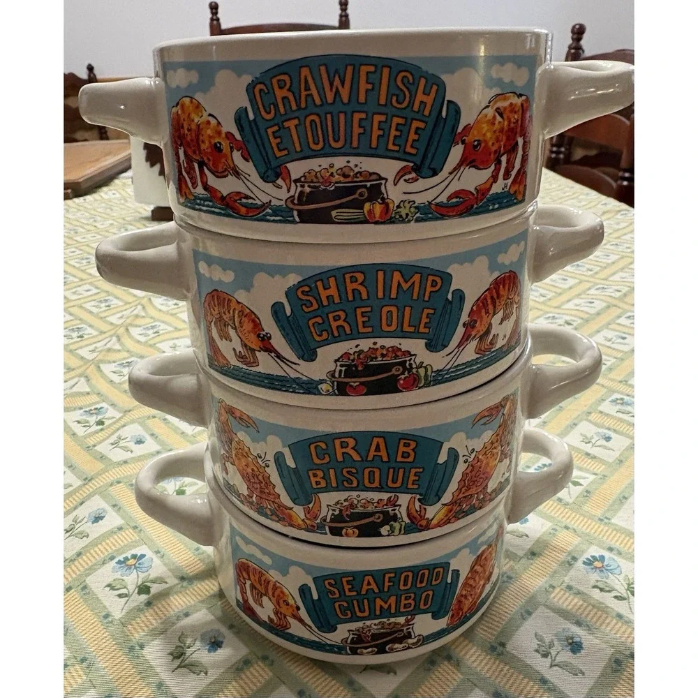 Shrimp Creole, Crab Bisque, Crawfish Étouffée, Gumbo 4 Two Handle Bowls 1990
